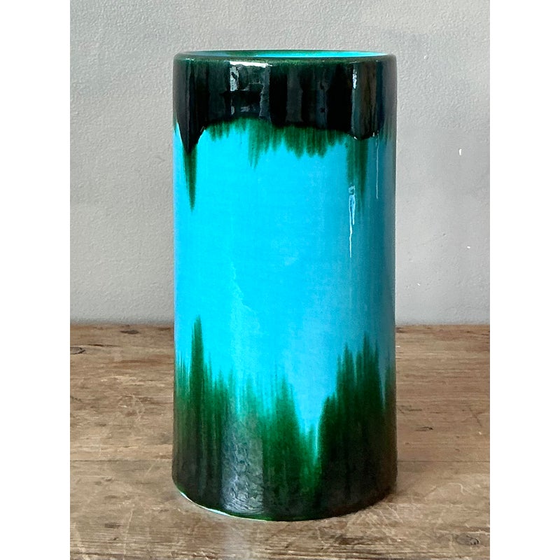 Vintage Boho Glazed Ceramic Vase - Ceramic, 4W x 8H - Back view