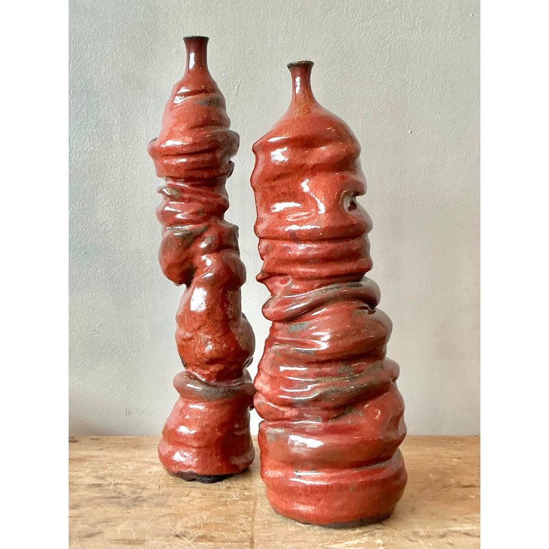 Vintage Boho Original Studio Pottery Vases - Set of 2 - Back view