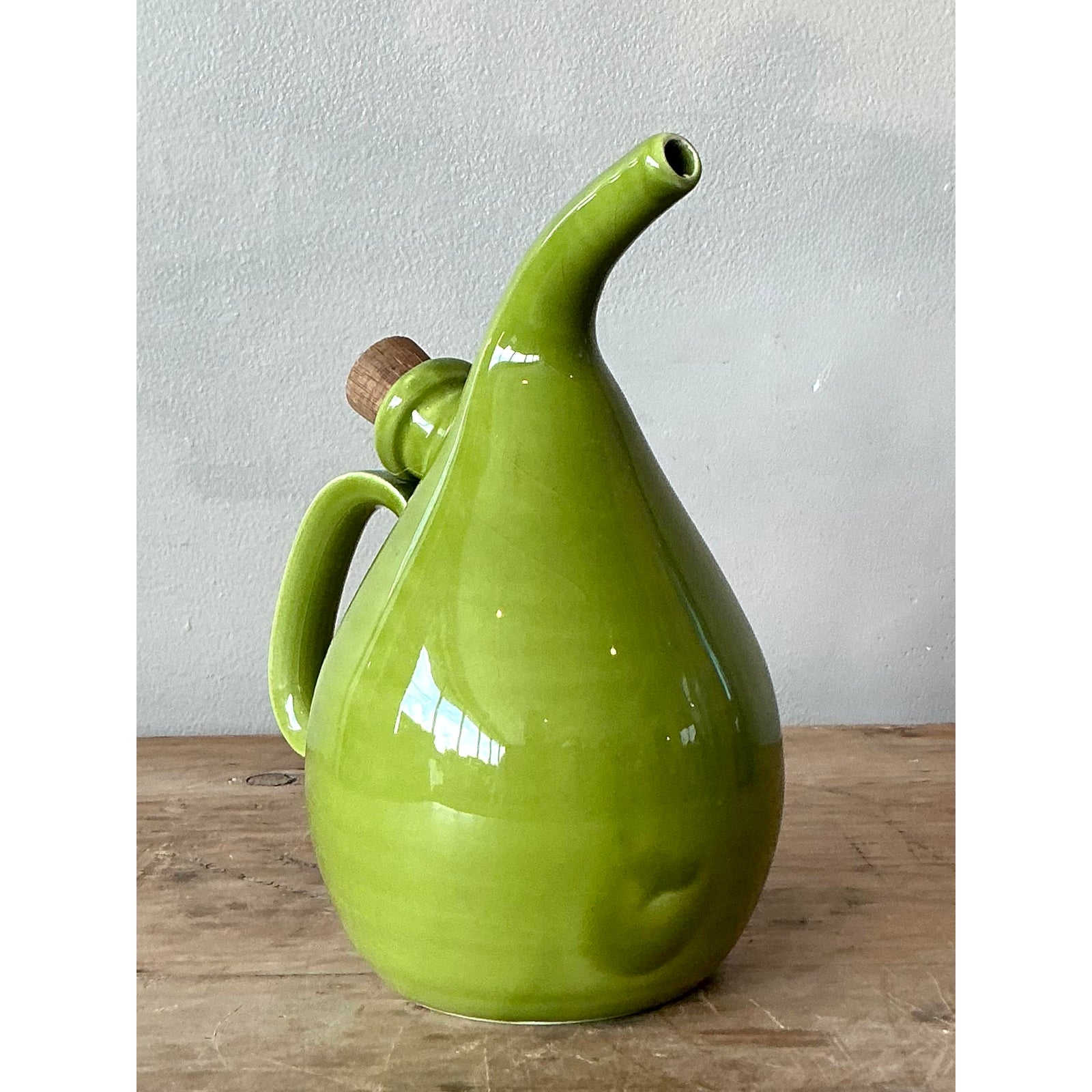 Vintage Italian Glazed Ceramic Olive Oil Pitcher - Side view