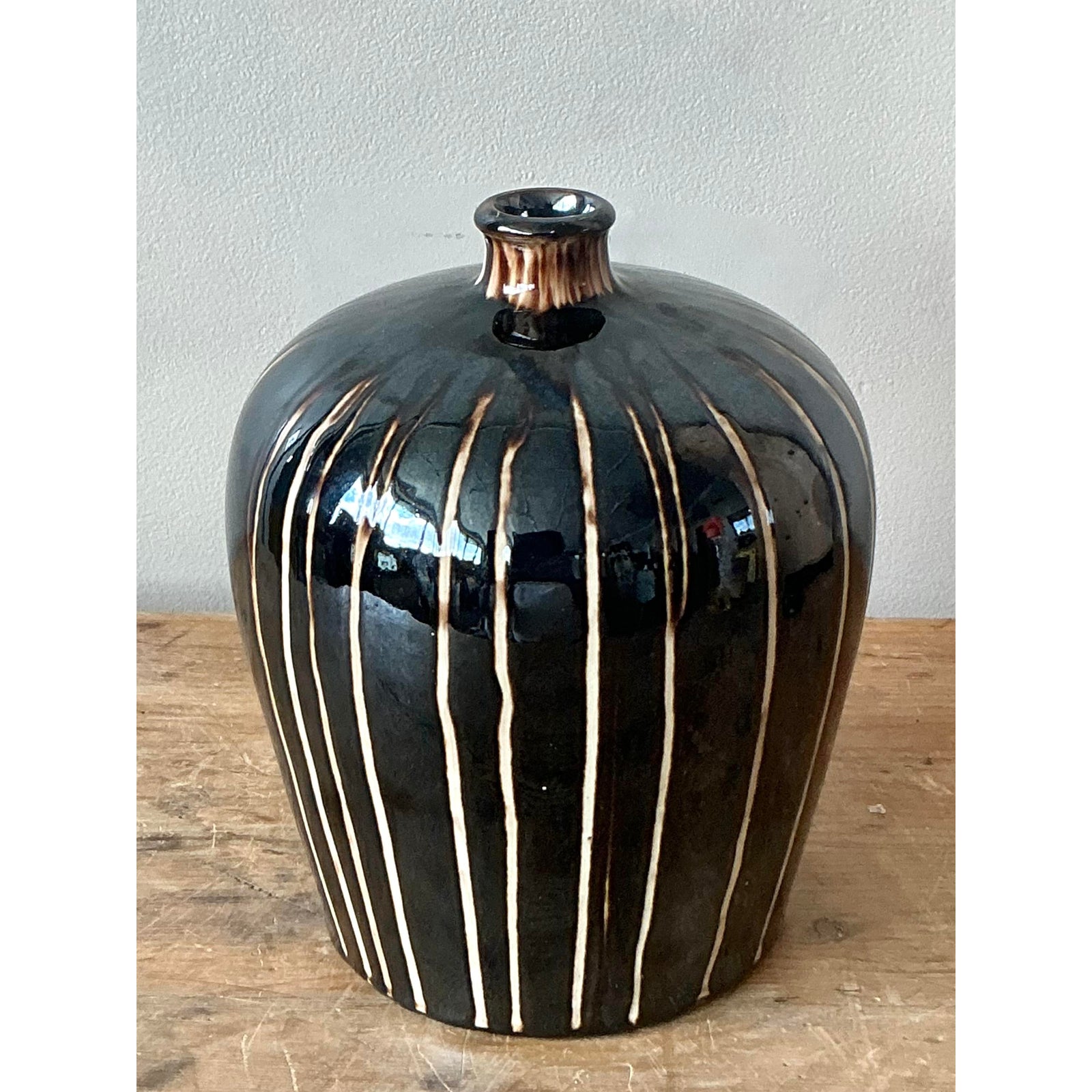 Vintage Boho Glazed Ceramic Vase - Ceramic, 6W x 8H - Detail view