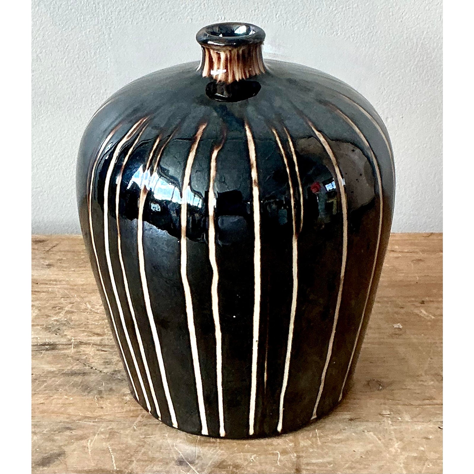 Vintage Boho Glazed Ceramic Vase - Ceramic, 6W x 8H - Side view
