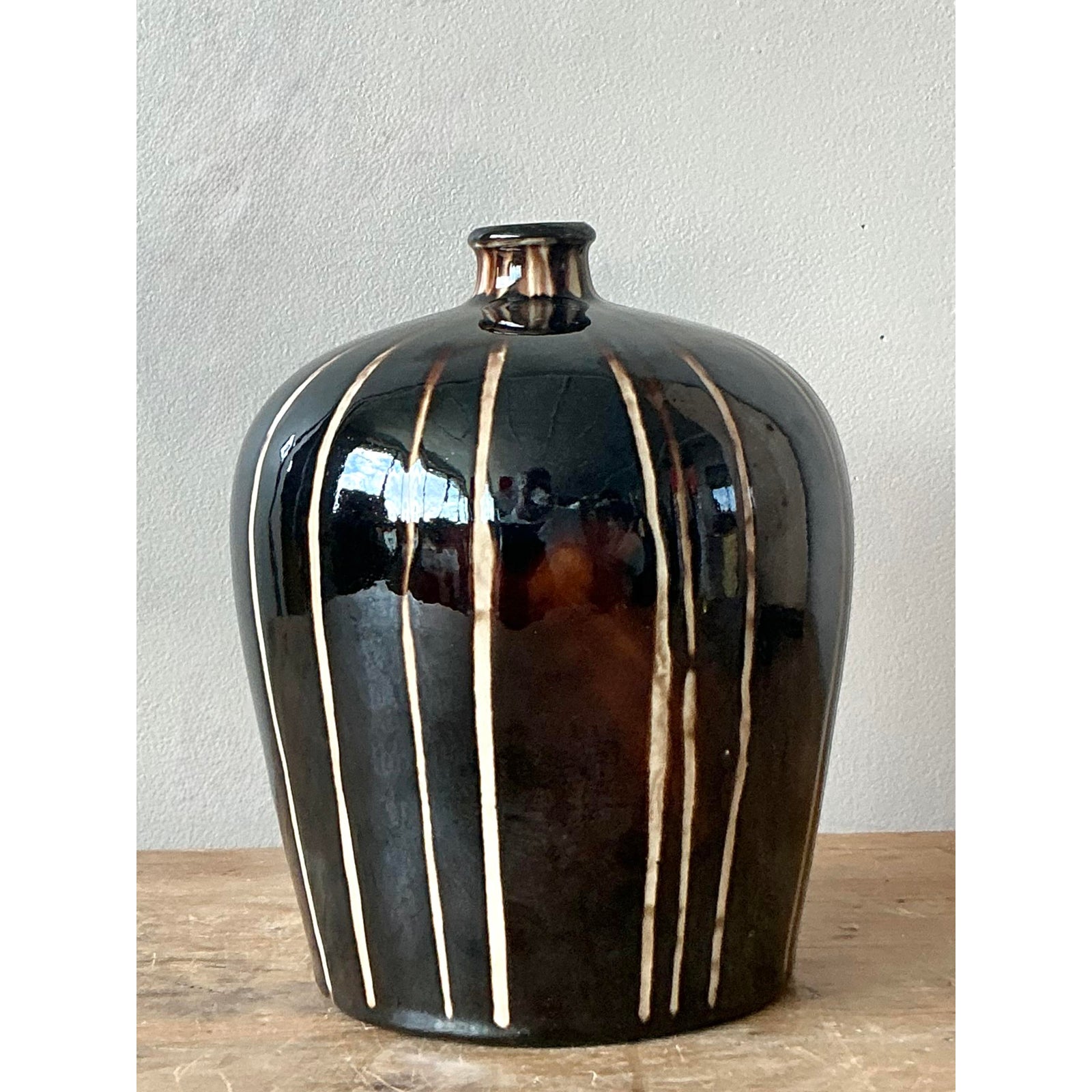 Vintage Boho Glazed Ceramic Vase - Ceramic, 6W x 8H - Back view