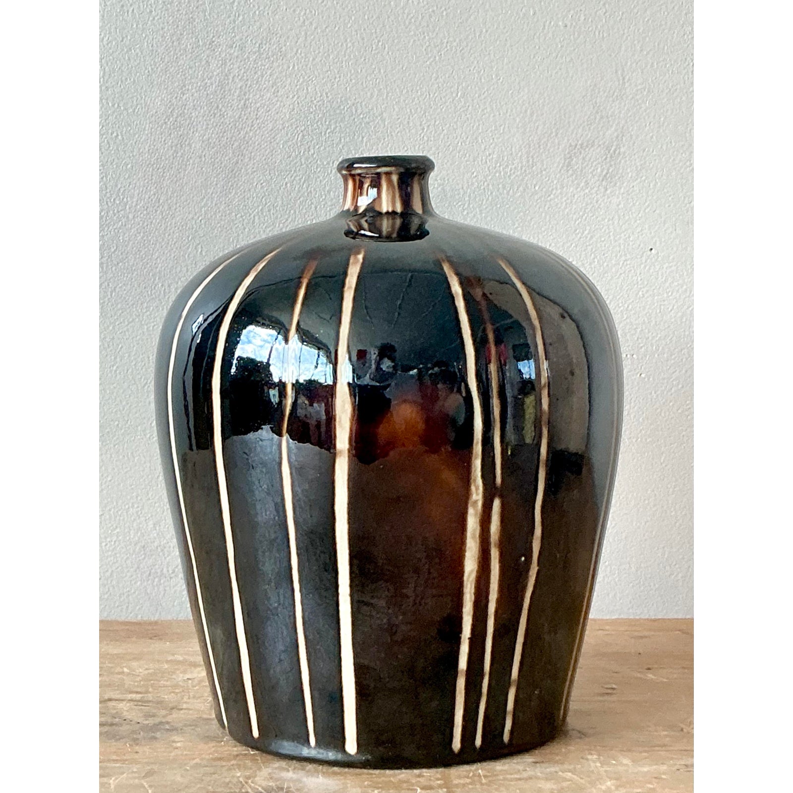Vintage Boho Glazed Ceramic Vase - Ceramic, 6W x 8H - Top view