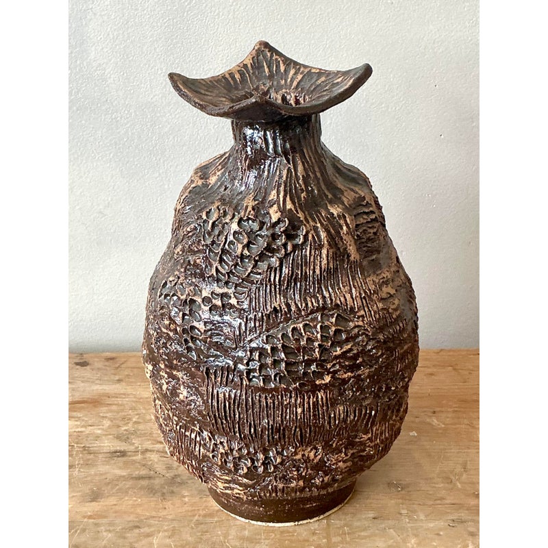 Vintage Boho Original Studio Pottery Vase - Ceramic, 7W x 11H - Side view
