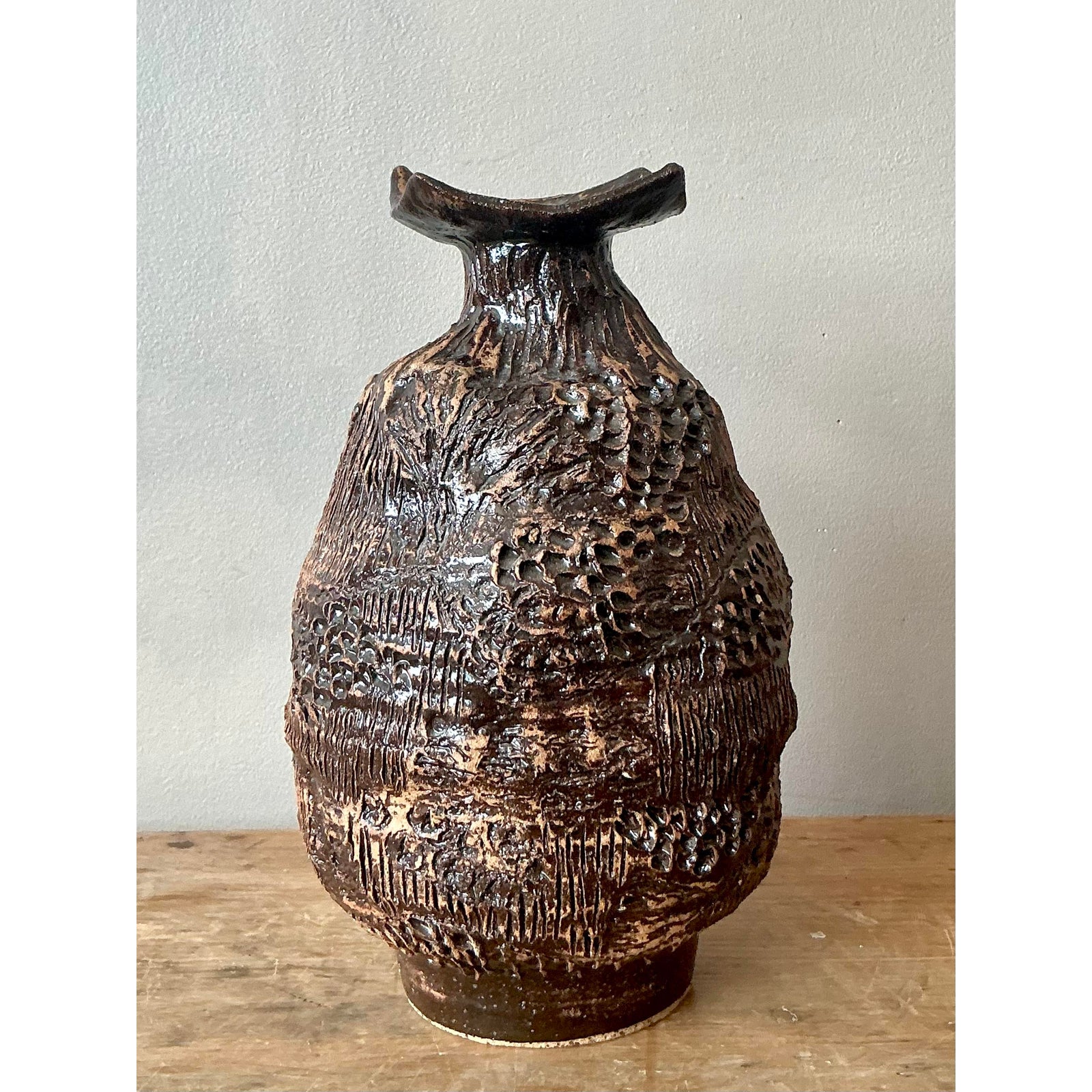 Vintage Boho Original Studio Pottery Vase - Ceramic, 7W x 11H - Detail view