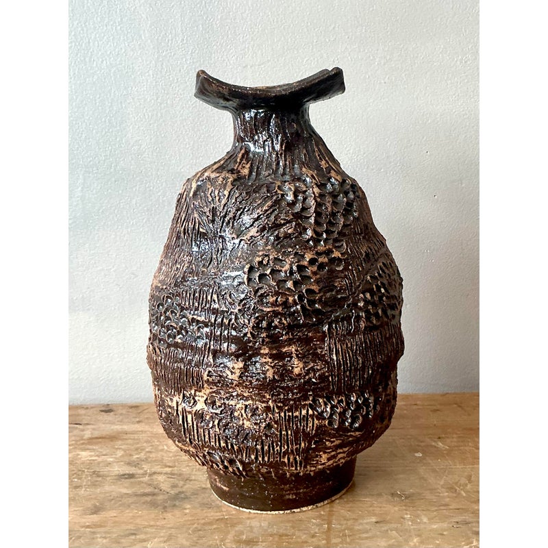 Vintage Boho Original Studio Pottery Vase - Ceramic, 7W x 11H - Back view