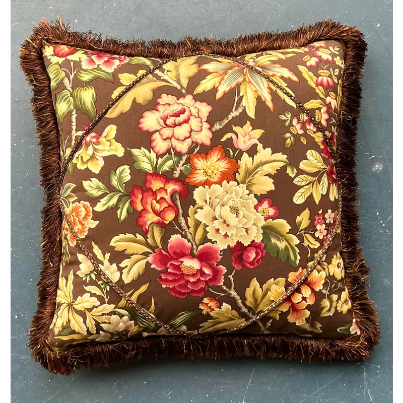 Vintage Regency Floral Caterpillar Trimmed Throw Pillow - Side view