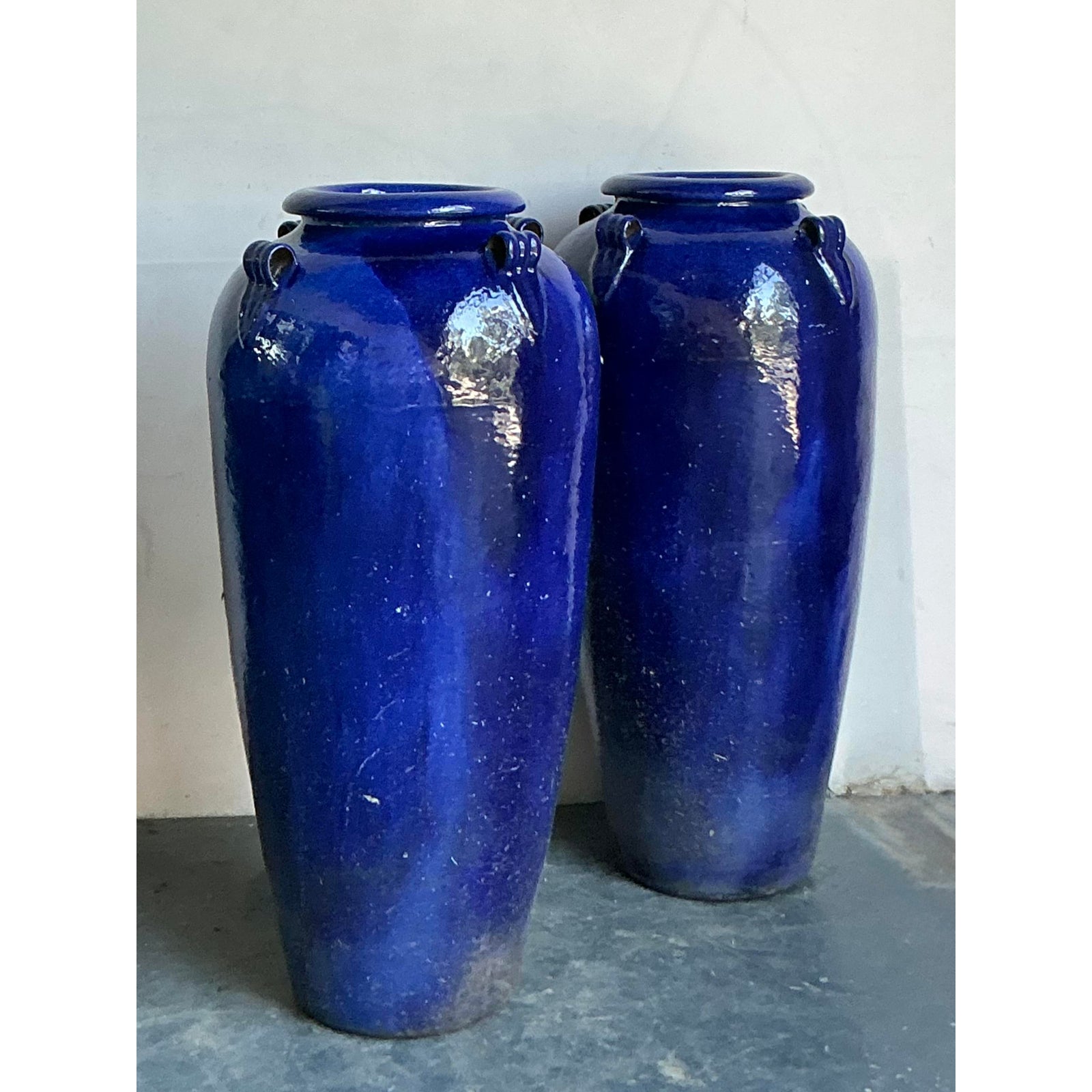 Vintage Boho Monumental Cobalt Glazed Ceramic Urns - A Pair - Top view