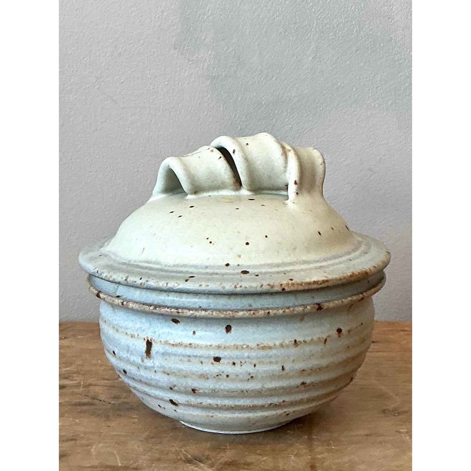 Vintage Boho Studio Pottery Lidded Bowl - Ceramic, 6.2W x 5.75H - Detail view