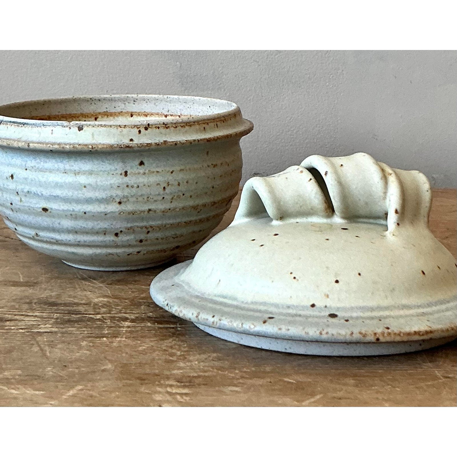 Vintage Boho Studio Pottery Lidded Bowl - Ceramic, 6.2W x 5.75H - Side view