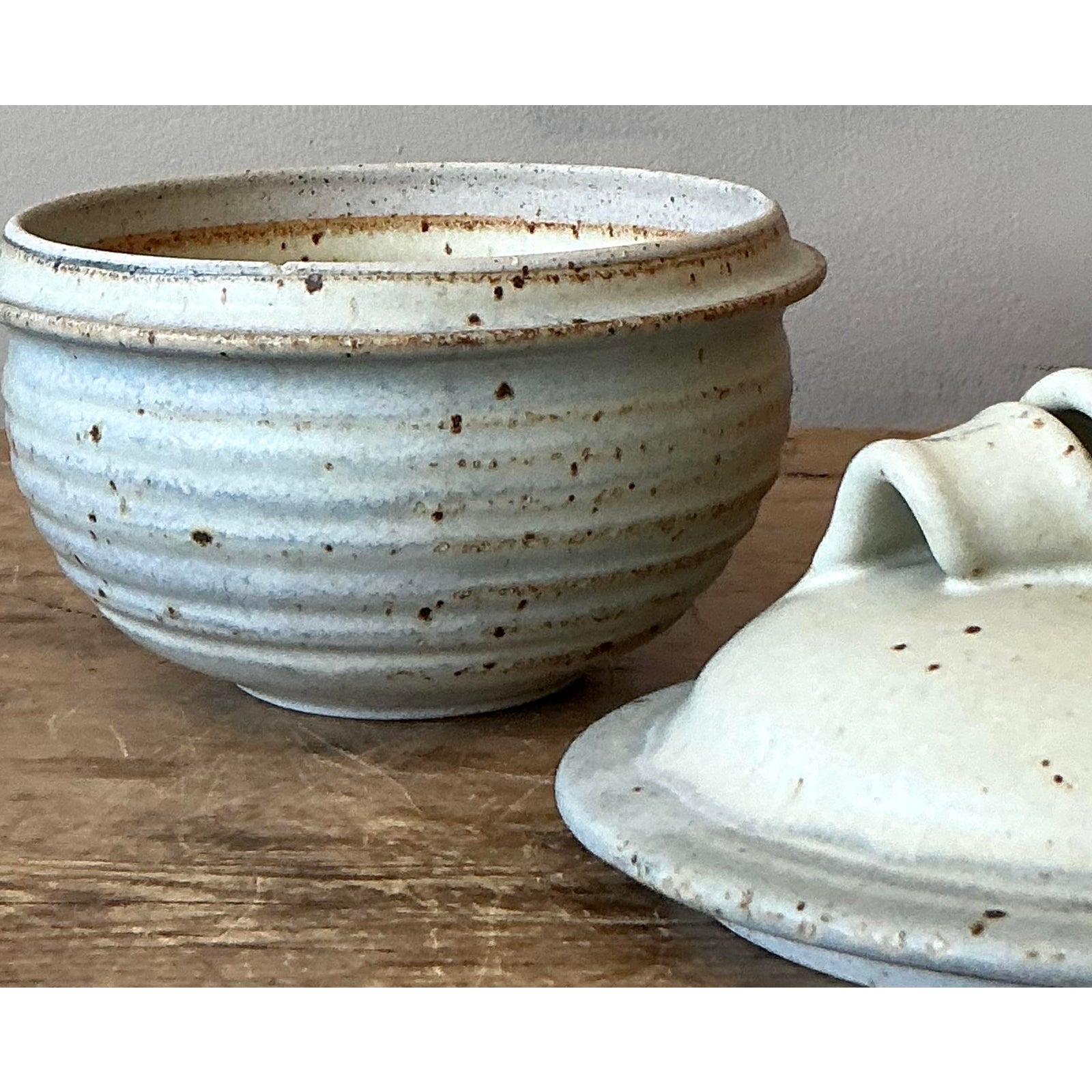Vintage Boho Studio Pottery Lidded Bowl - Ceramic, 6.2W x 5.75H - Back view