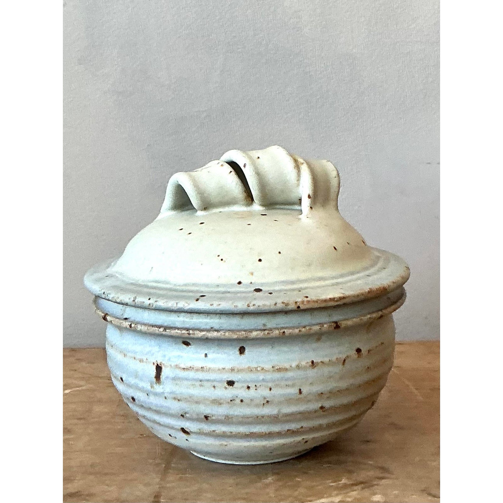 Vintage Boho Studio Pottery Lidded Bowl - Ceramic, 6.2W x 5.75H - Top view