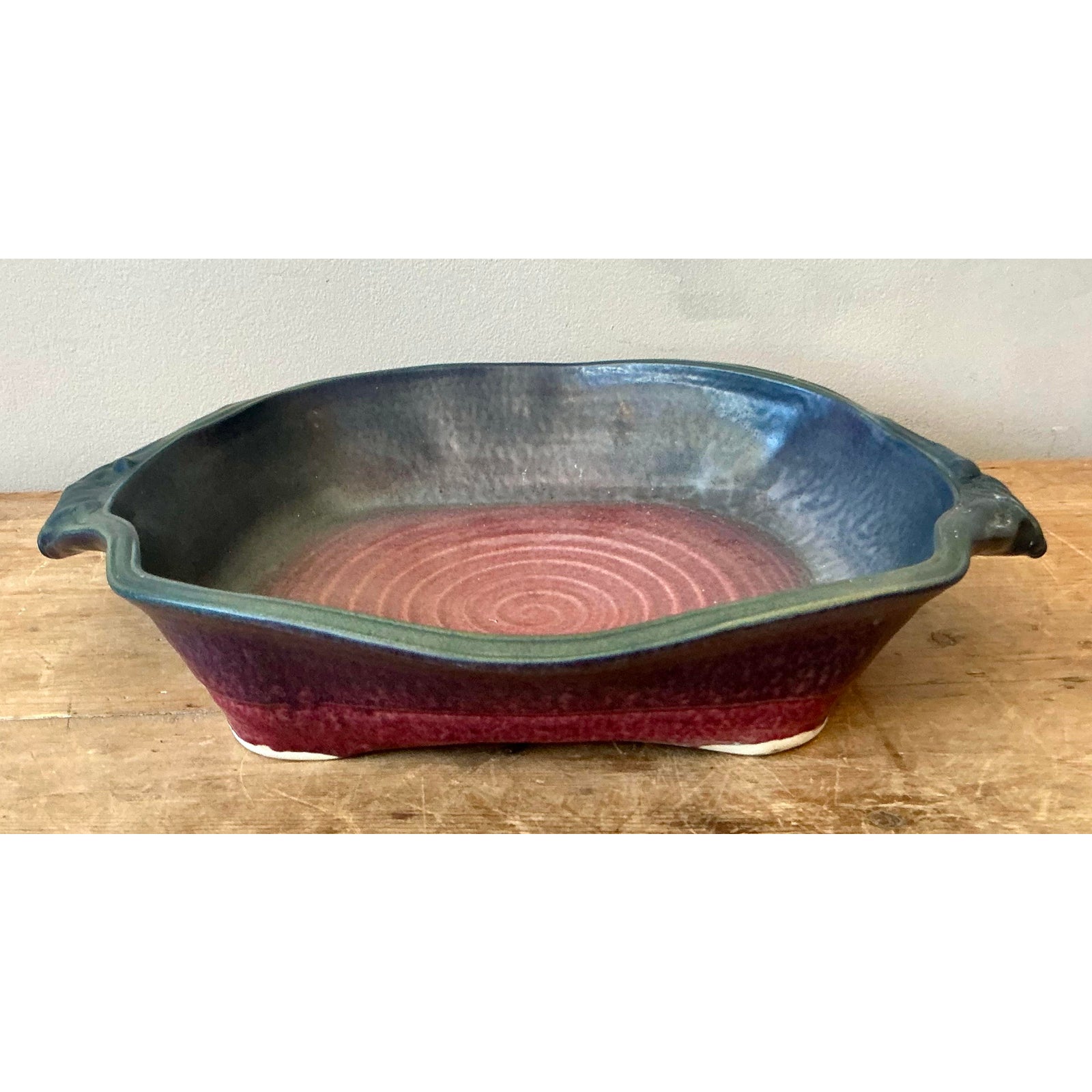 Vintage Boho Studio Pottery Bowl - Ceramic, 14.5W x 11H - Back view