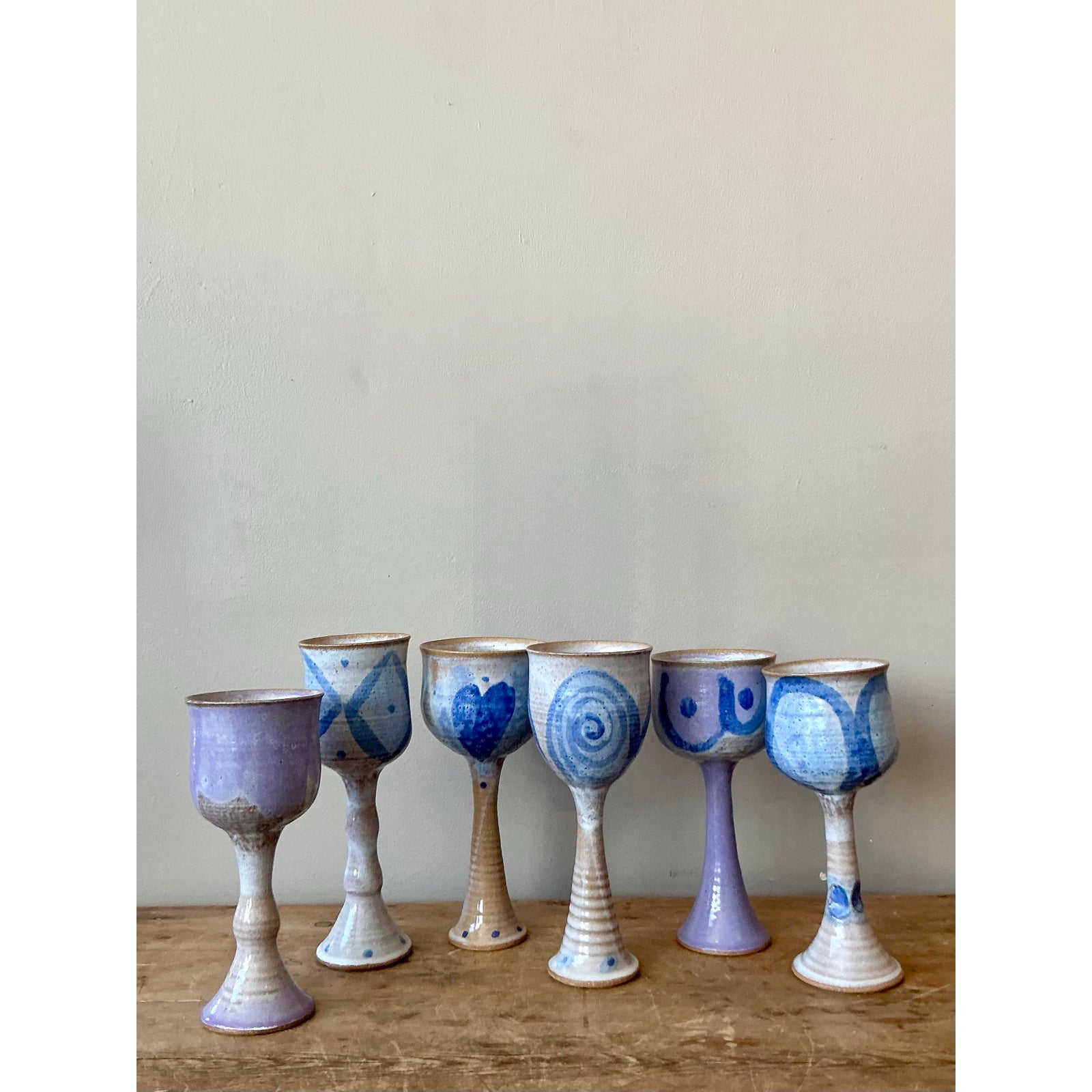 Vintage Boho Studio Pottery Wine Glasses - Set of 6 - Back view