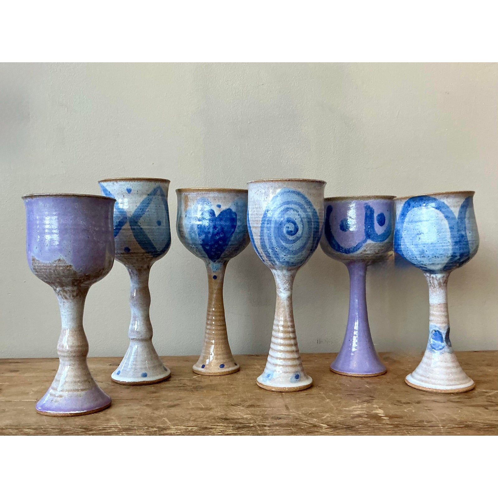 Vintage Boho Studio Pottery Wine Glasses - Set of 6 - Detail view