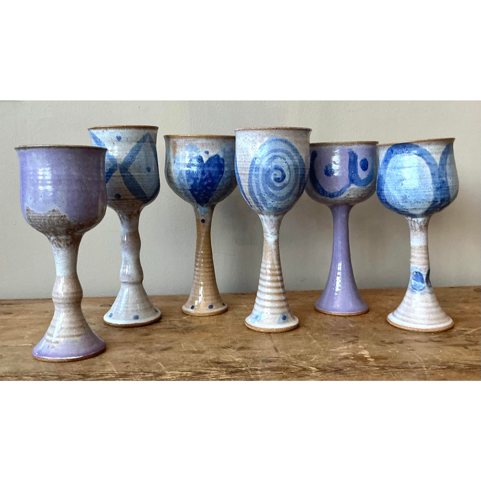 Vintage Boho Studio Pottery Wine Glasses - Set of 6 - Top view
