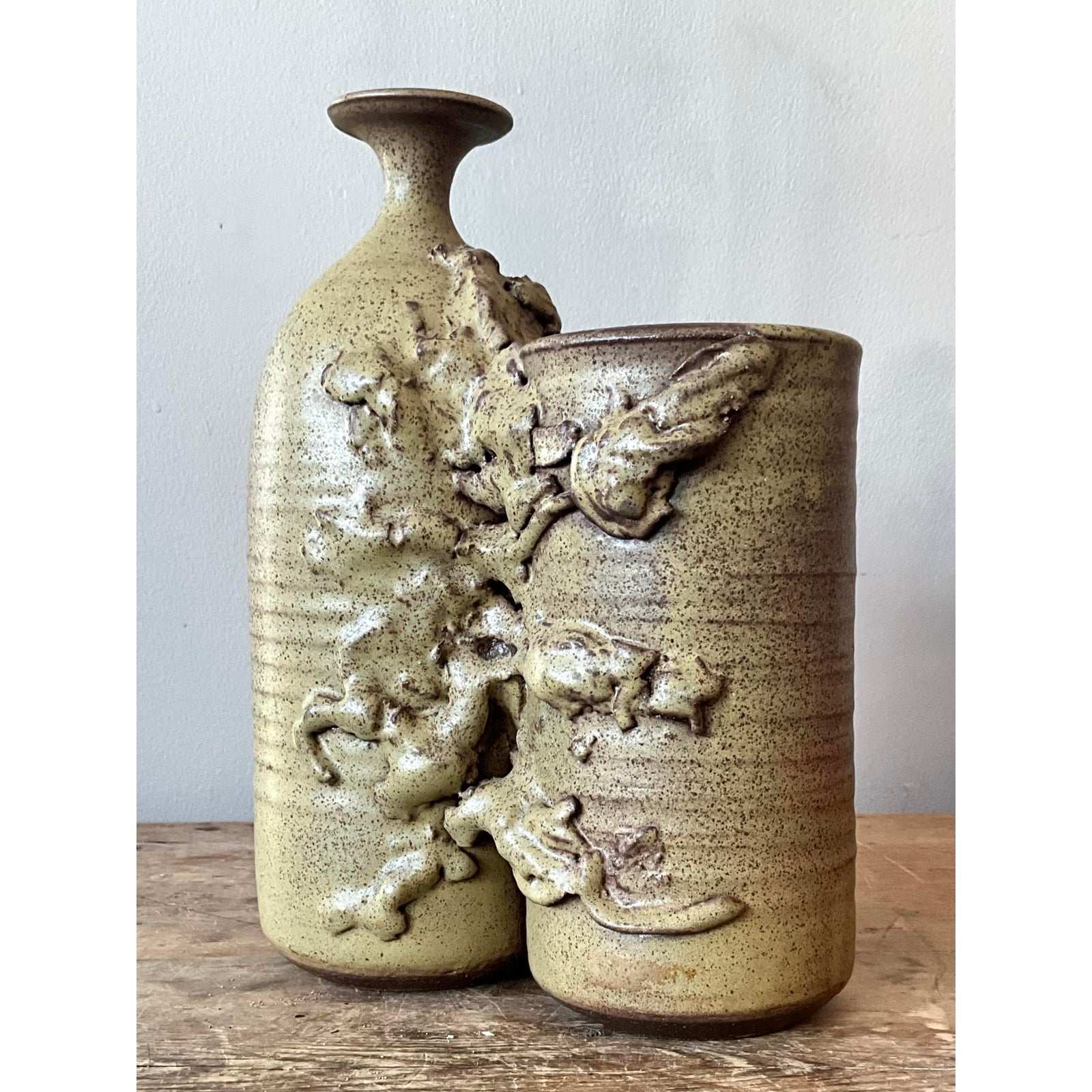 Vintage Boho Abstract Studio Pottery Vase - Ceramic, 8W x 11.5H - Back view