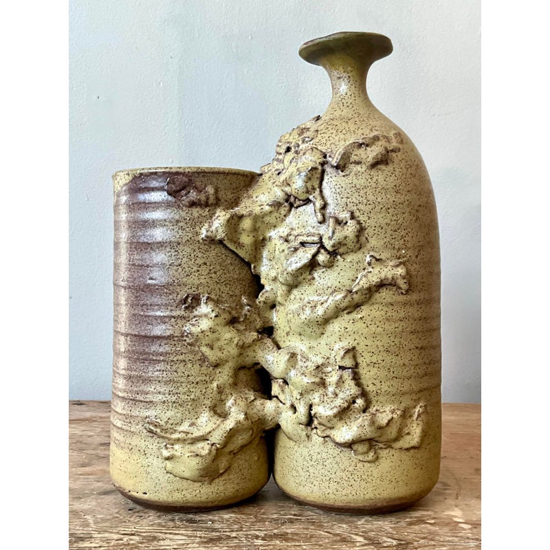 Vintage Boho Abstract Studio Pottery Vase - Ceramic, 8W x 11.5H - Top view