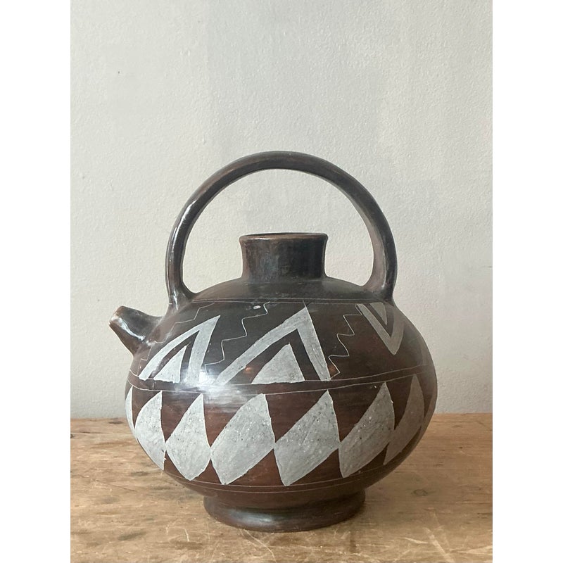 Vintage Boho Mexican Hand Painted Terra Cotta Water Jug - Detail view