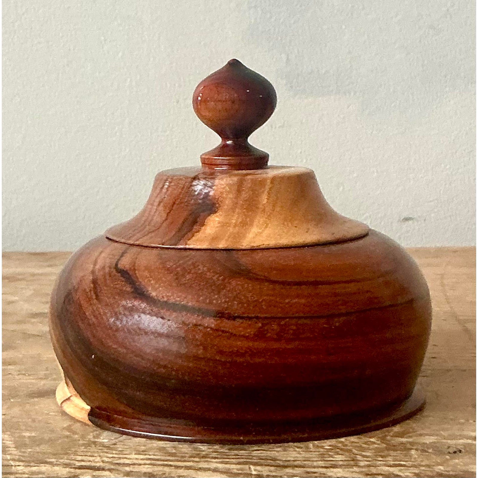 Vintage Boho Turned Wood Lidded Pot - Side view