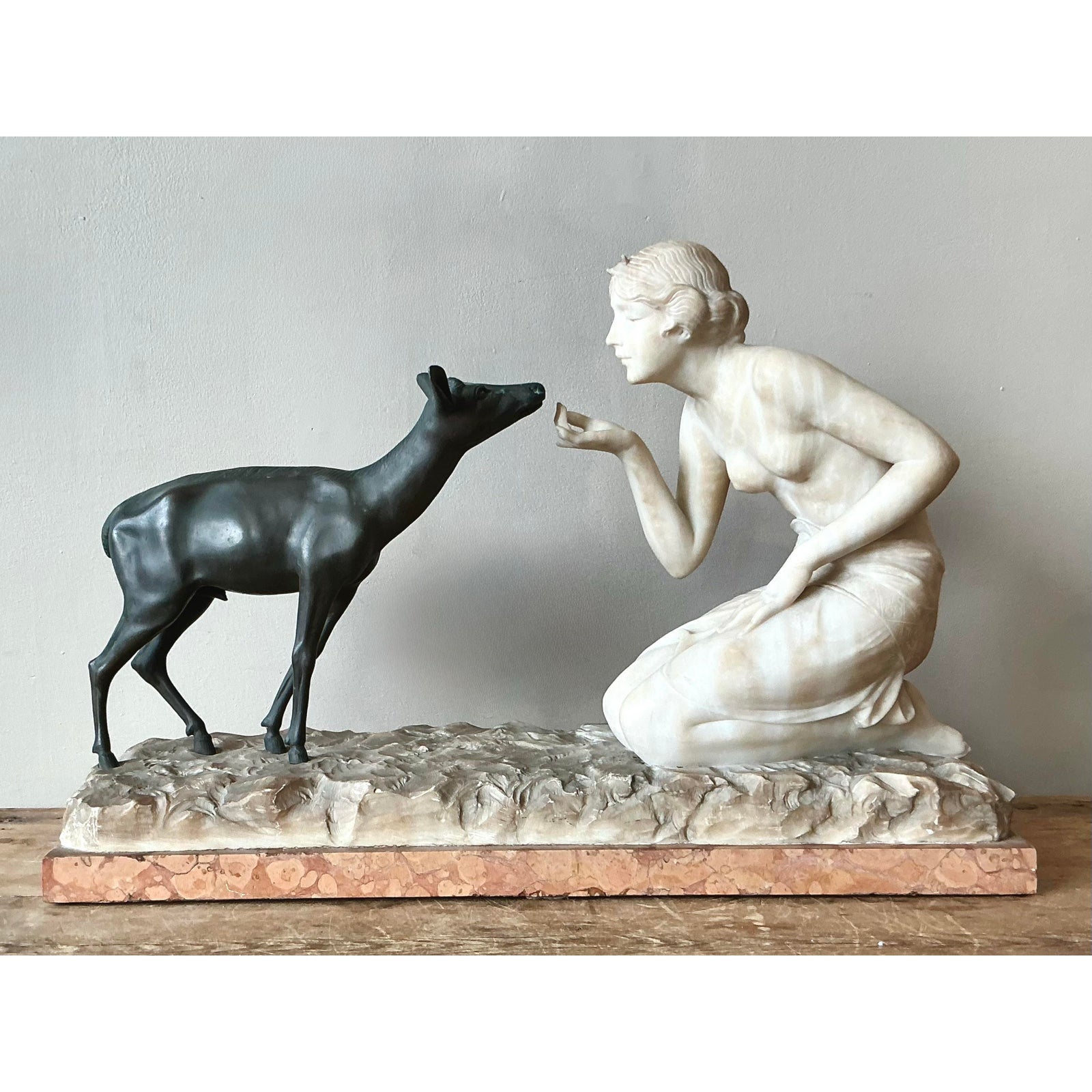 Vintage French Deco R. Ponti “Femme a La Biche” Carved Stone and Bronze Sculpture - Detail view