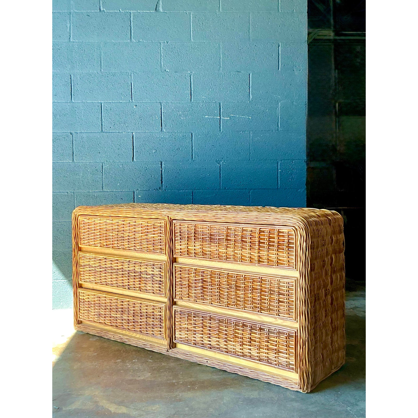 Vintage Boho Woven Rattan Dresser - Rattan, 60W x 29.5H - Back view