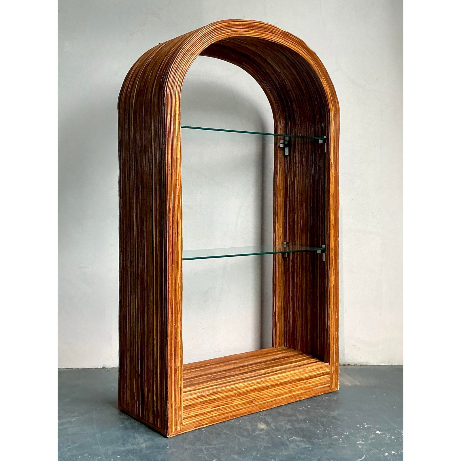 Vintage a Boho Arched Pencil Rattan Etagere - Detail view