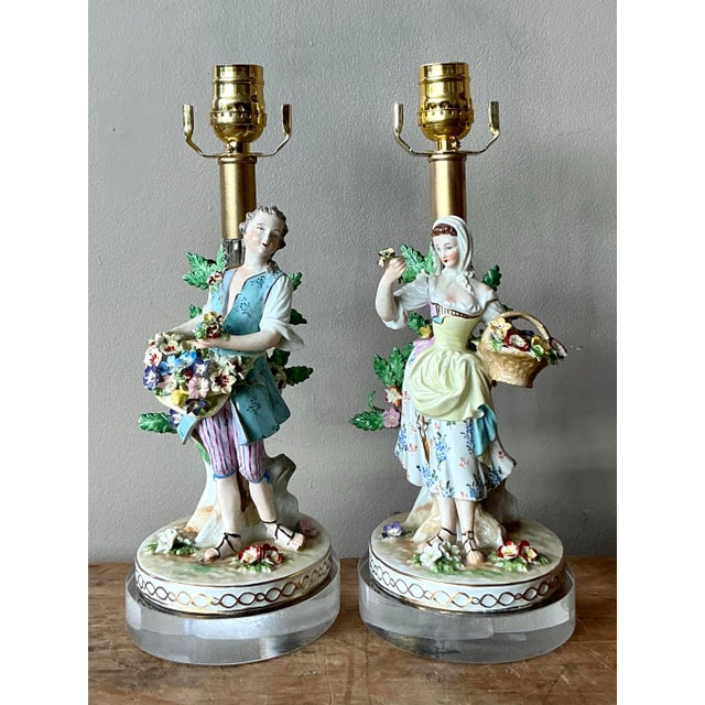 Vintage Regency German Dresden Porcelain Figure Lamps - A Pair - Back view