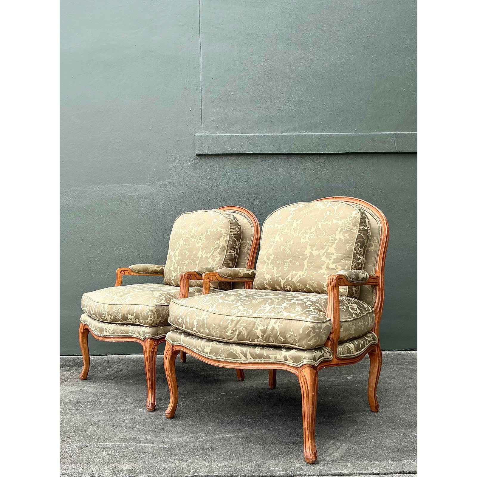 Vintage Regency Jacquard Fauteuil Chairs - A Pair - Back view