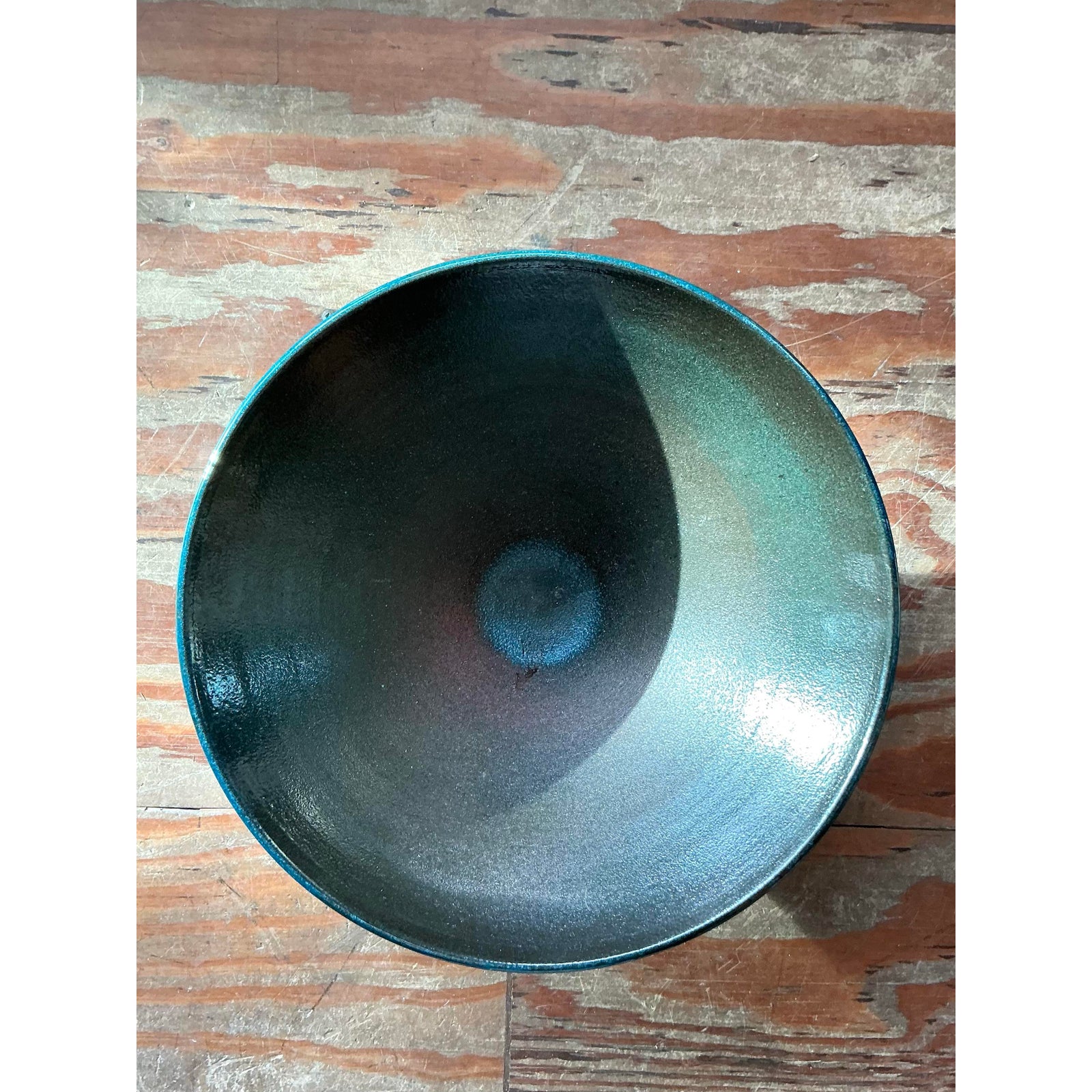 Vintage Boho Original Studio Pottery Bowl - Ceramic, 12.25W x 5.5H - Back view
