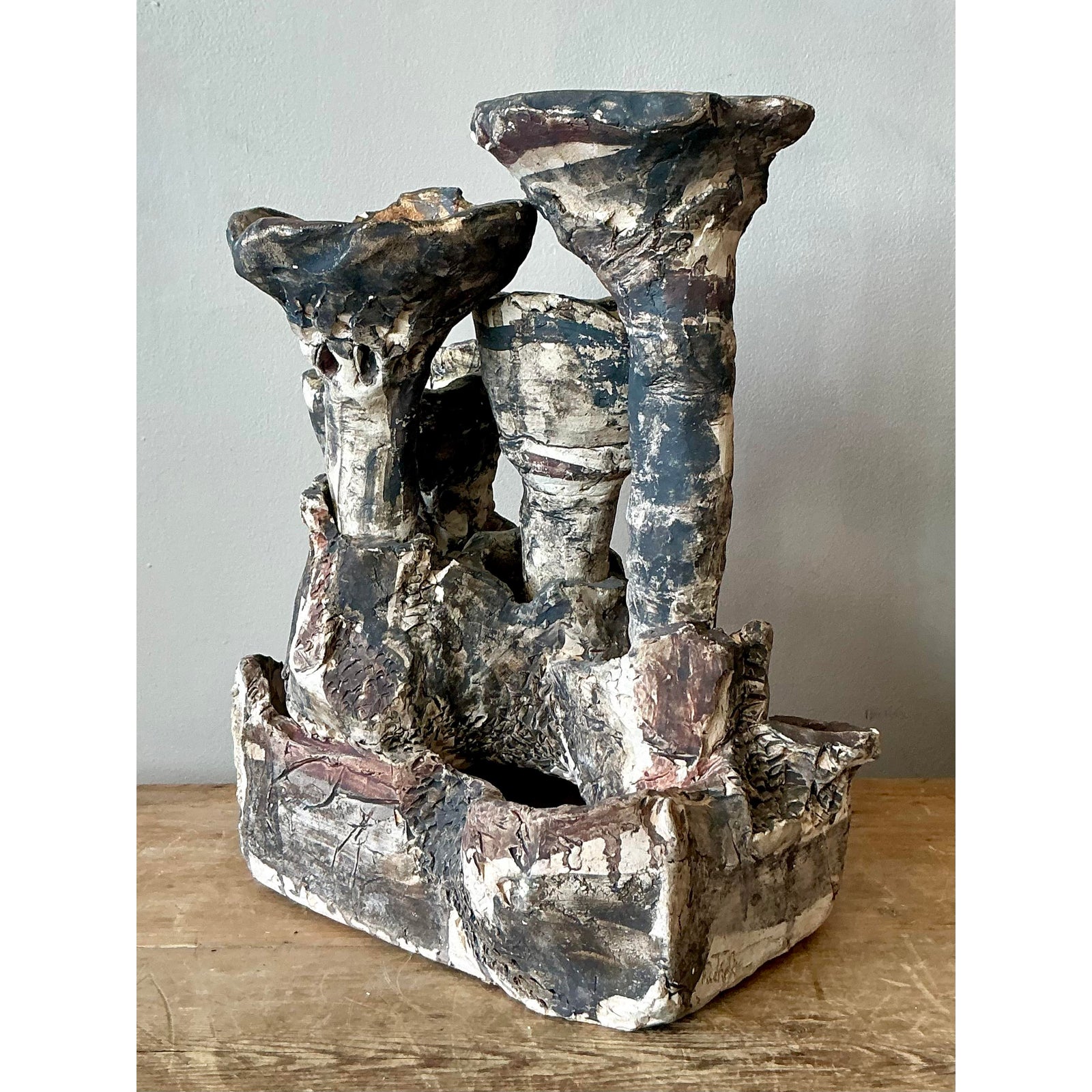Vintage Boho Abstract Studio Pottery Vase - Ceramic, 11.25W x 14.75H - Side view