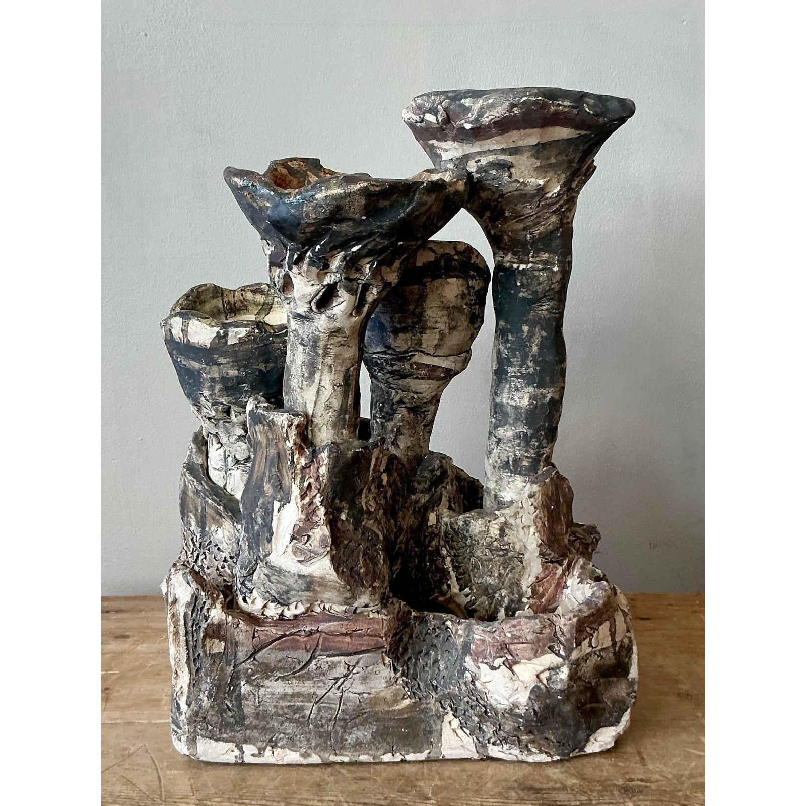 Vintage Boho Abstract Studio Pottery Vase - Ceramic, 11.25W x 14.75H - Back view