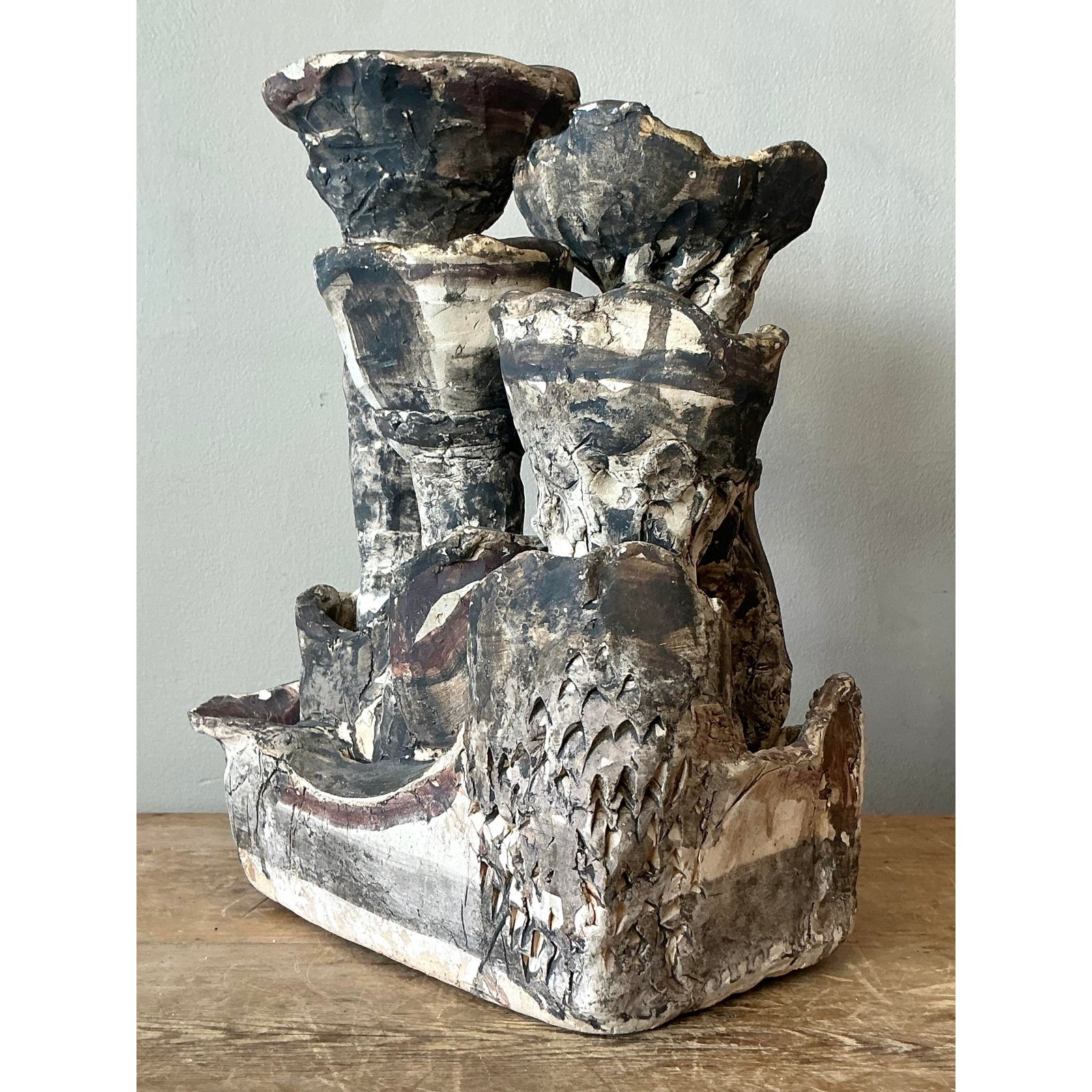 Vintage Boho Abstract Studio Pottery Vase - Ceramic, 11.25W x 14.75H - Top view