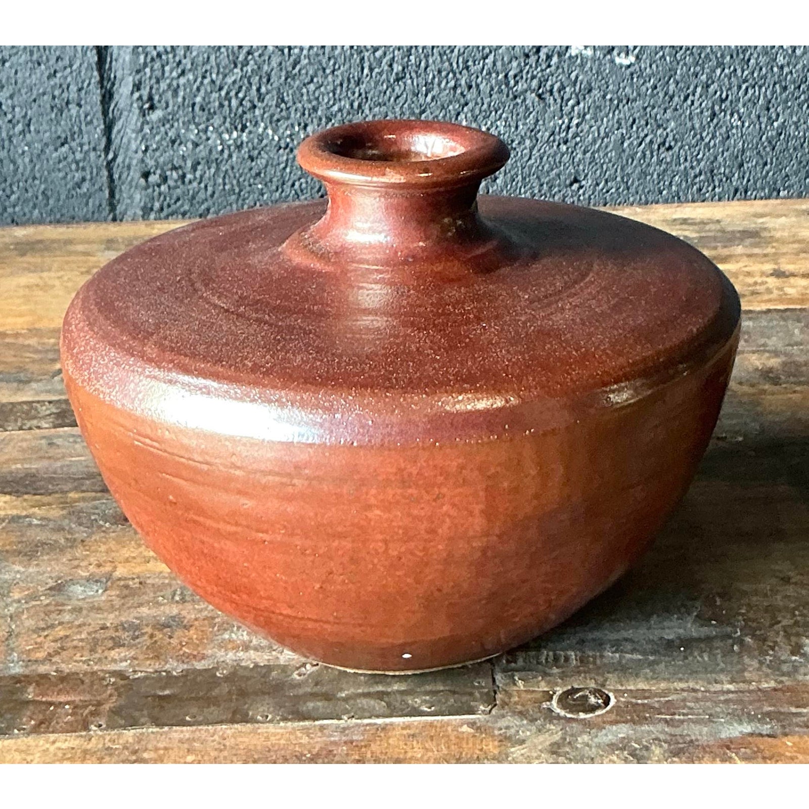 Vintage Boho Original Studio Pottery Vase - Terracotta, 6.75W x 5H - Side view