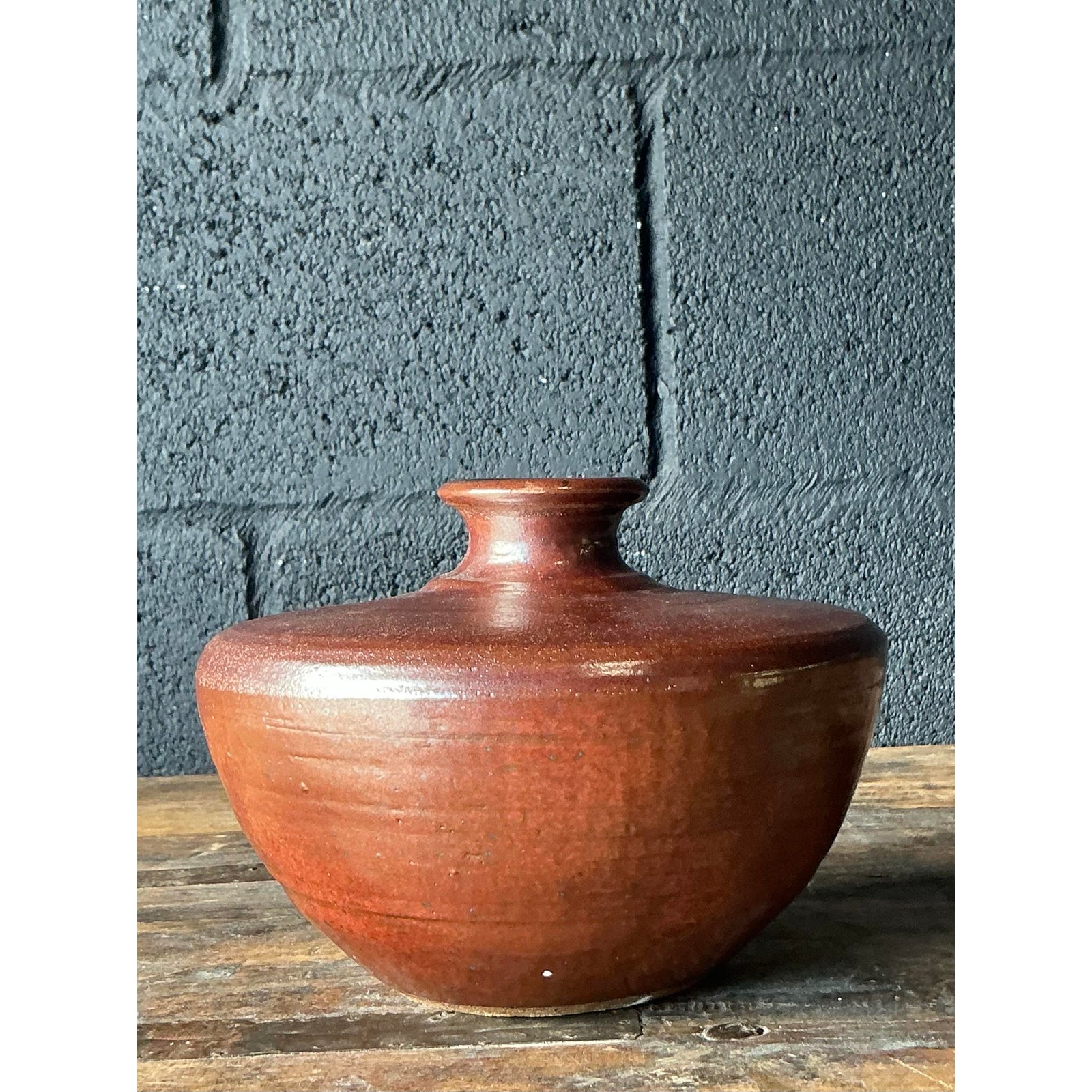 Vintage Boho Original Studio Pottery Vase - Terracotta, 6.75W x 5H - Detail view