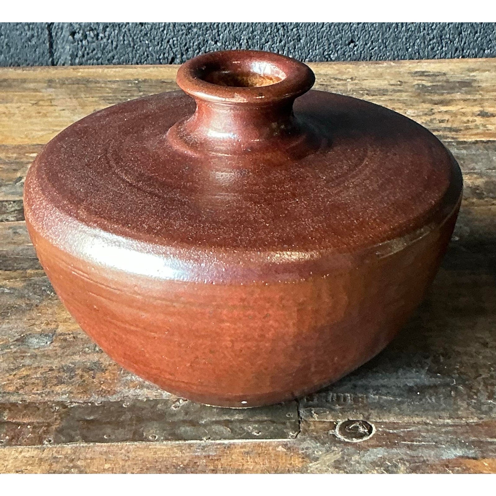 Vintage Boho Original Studio Pottery Vase - Terracotta, 6.75W x 5H - Back view