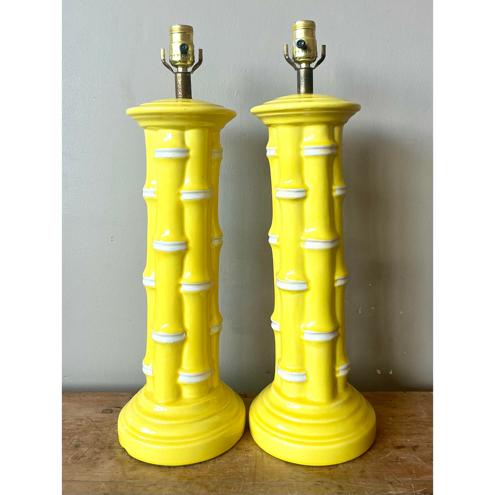 Vintage Coastal Glazed Ceramic Bamboo Lamps - A Pair - Back view