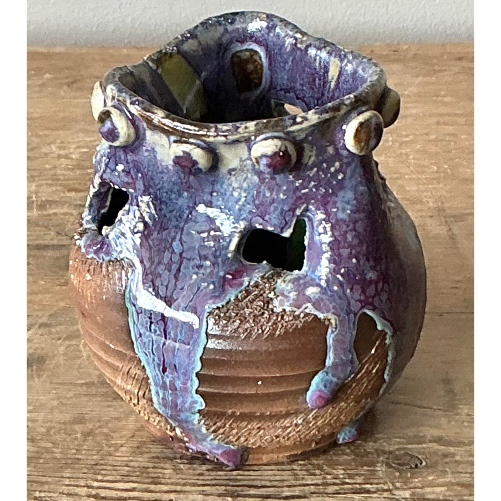 Vintage Boho Original Studio Pottery Vase - Ceramic, 3.75W x 4H - Side view