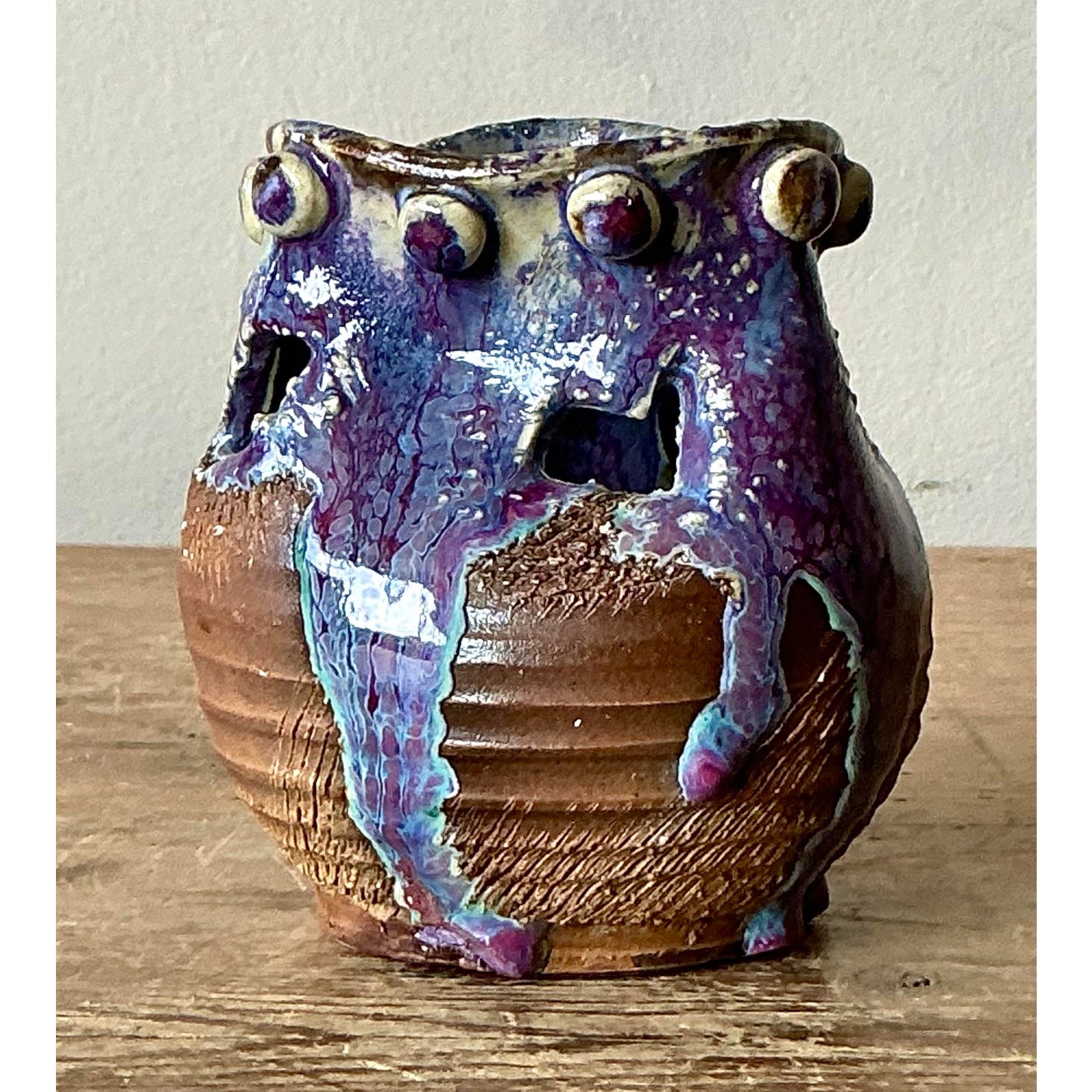 Vintage Boho Original Studio Pottery Vase - Ceramic, 3.75W x 4H - Detail view