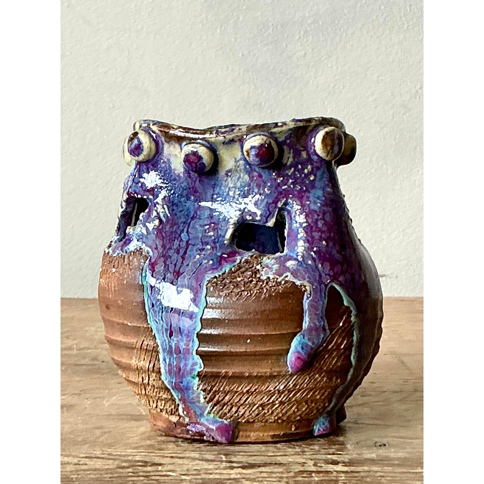 Vintage Boho Original Studio Pottery Vase - Ceramic, 3.75W x 4H - Back view