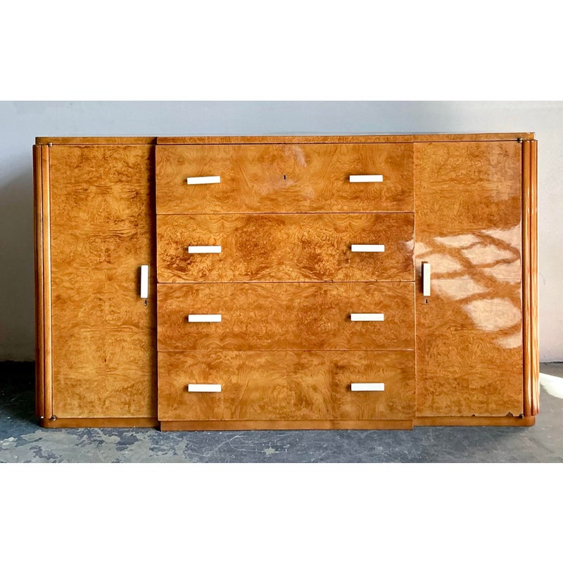 Vintage French Deco Burl Wood Credenza With Bone Handles - Back view