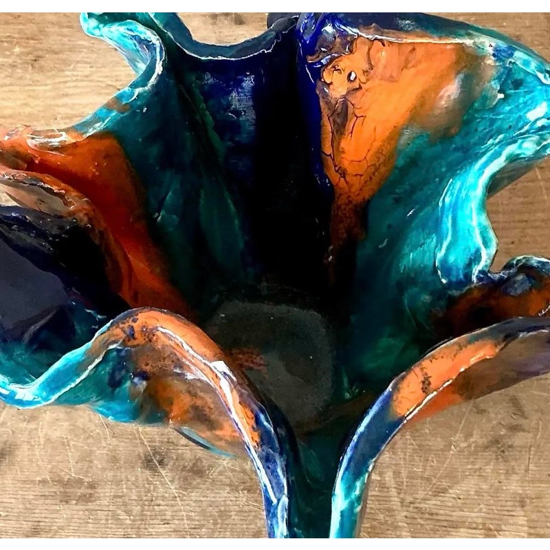 Vintage Boho Striped Studio Pottery Bowl - Ceramic, 10.25W x 6.5H - Top view