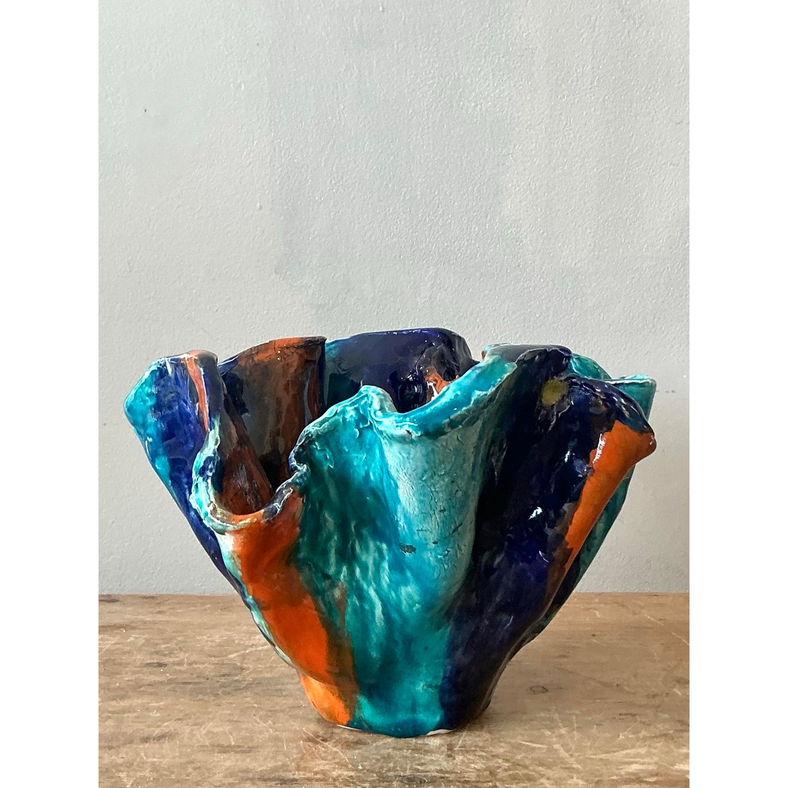 Vintage Boho Striped Studio Pottery Bowl - Ceramic, 10.25W x 6.5H - Back view