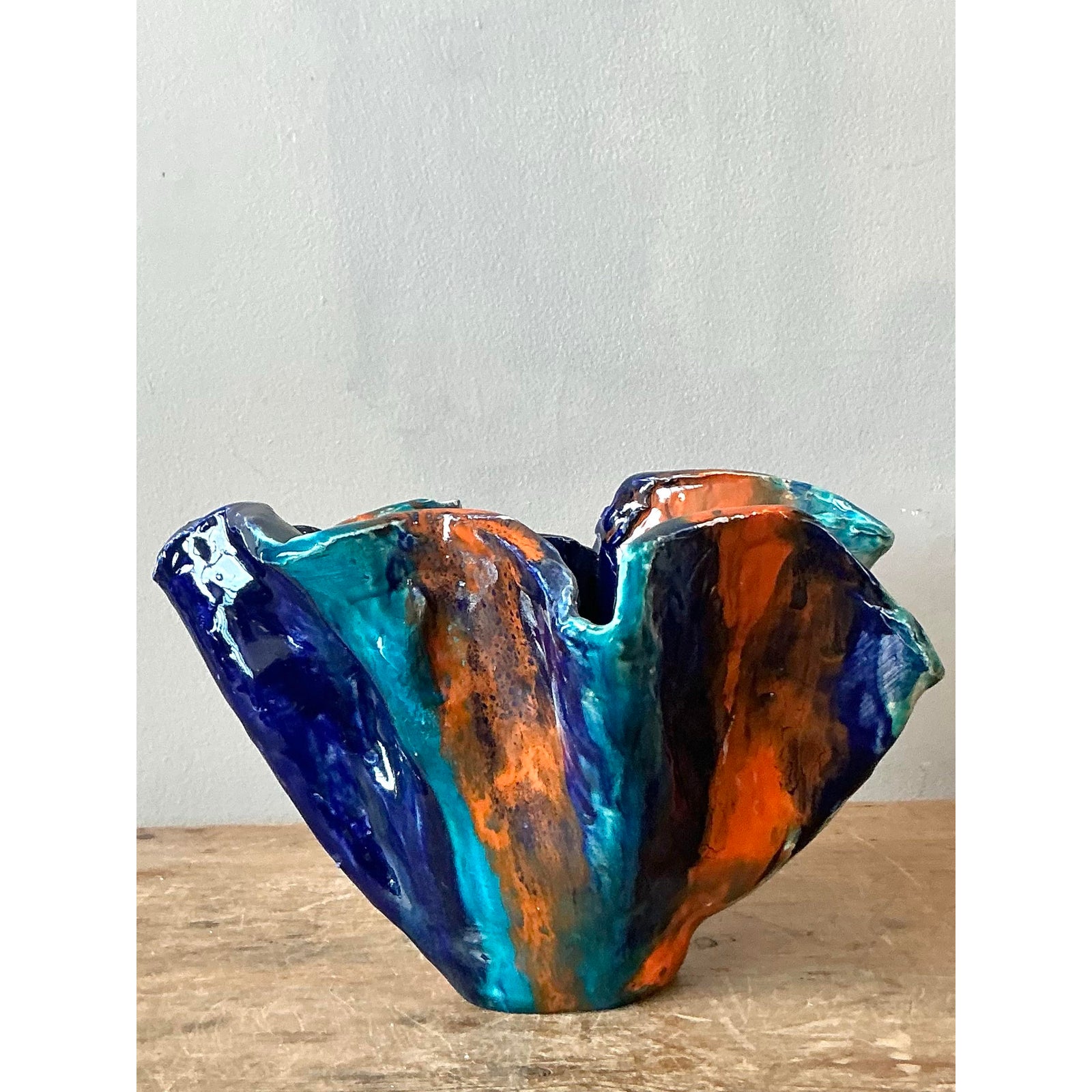 Vintage Boho Striped Studio Pottery Bowl - Ceramic, 10.25W x 6.5H - Side view