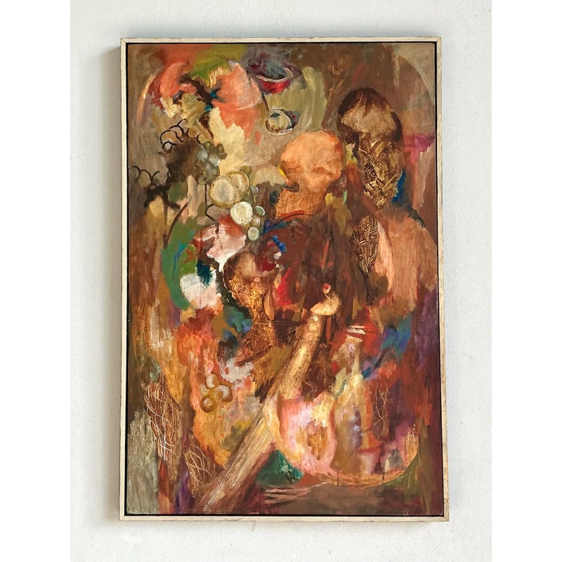 Vintage Boho Original Abstract Oil on Canvas - Wood, 25W x 37H - Side view