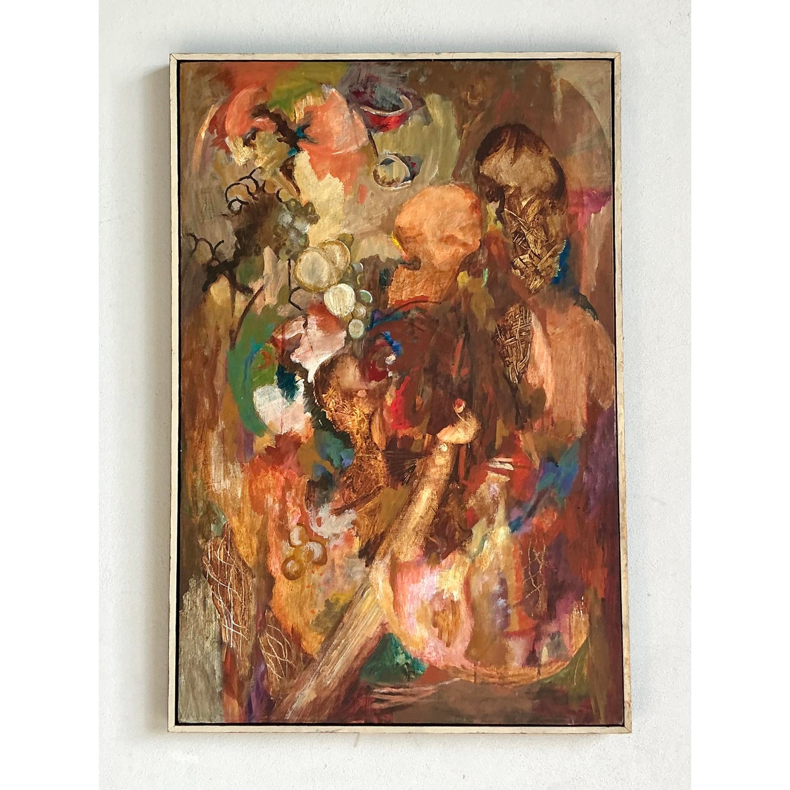 Vintage Boho Original Abstract Oil on Canvas - Wood, 25W x 37H - Top view