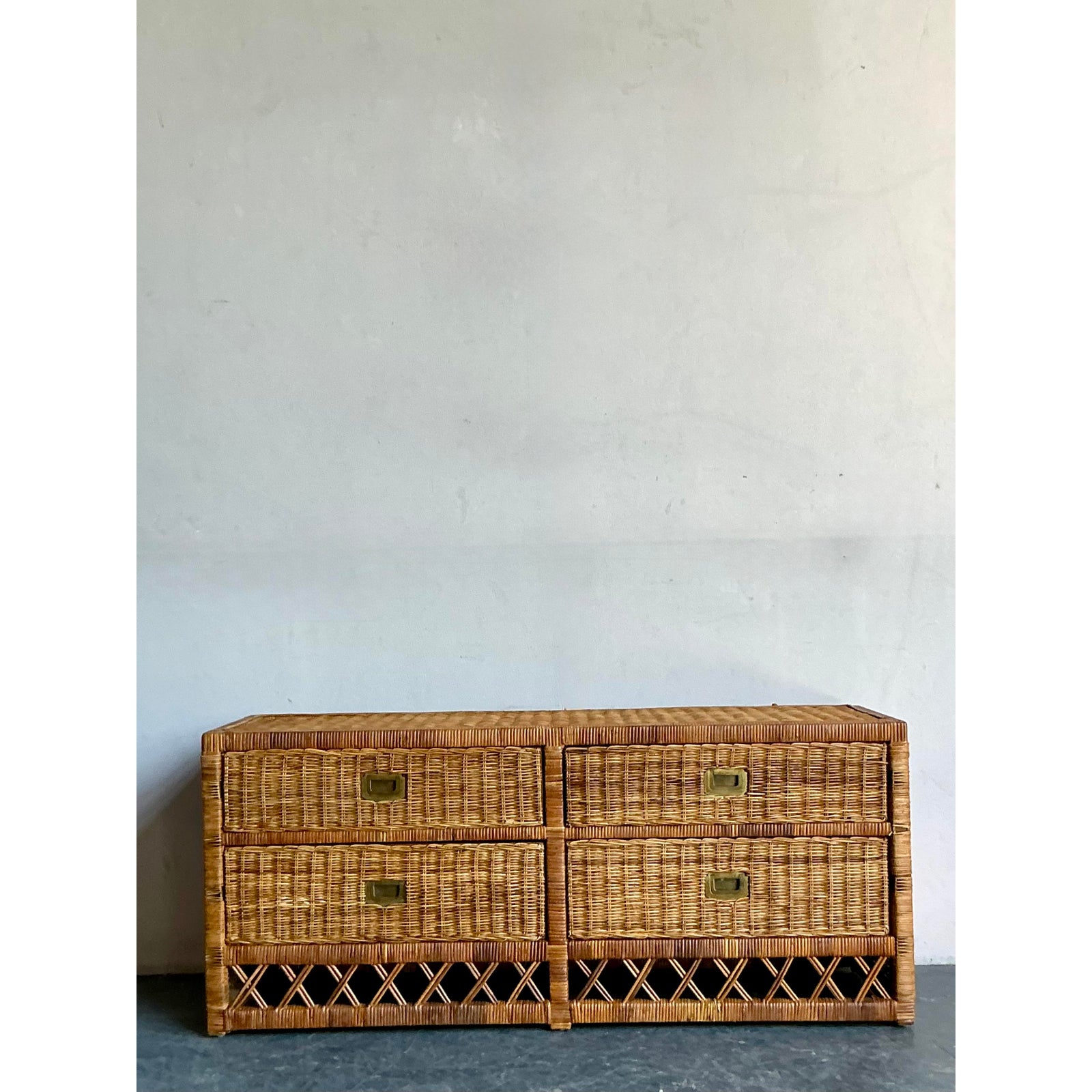 Vintage Boho Woven Rattan Trellis Low Credenza - Top view