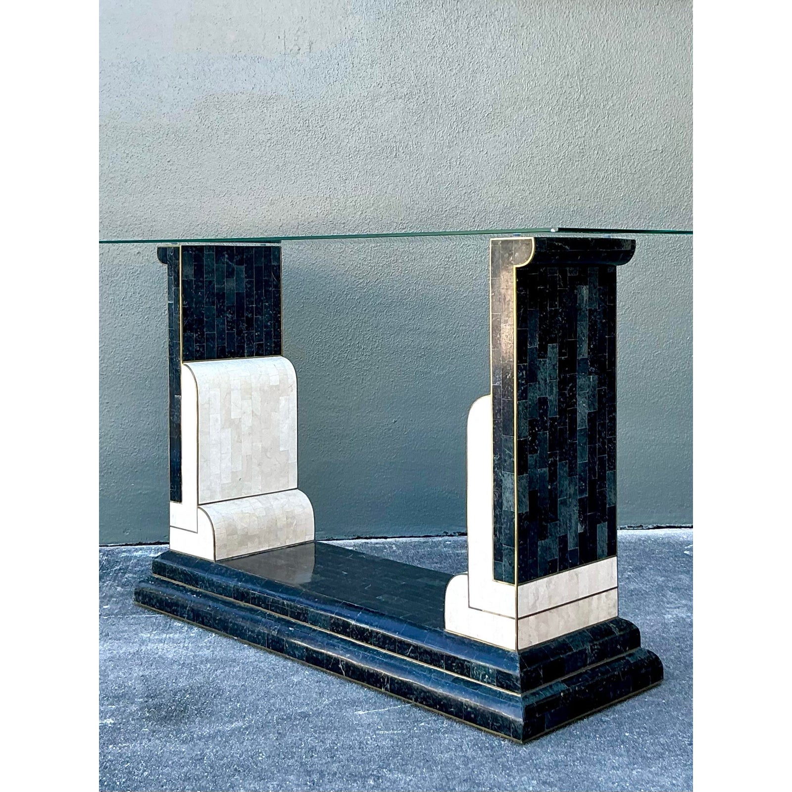 Vintage Boho Tessellated Stone and Brass Inlay Console Table - Side view