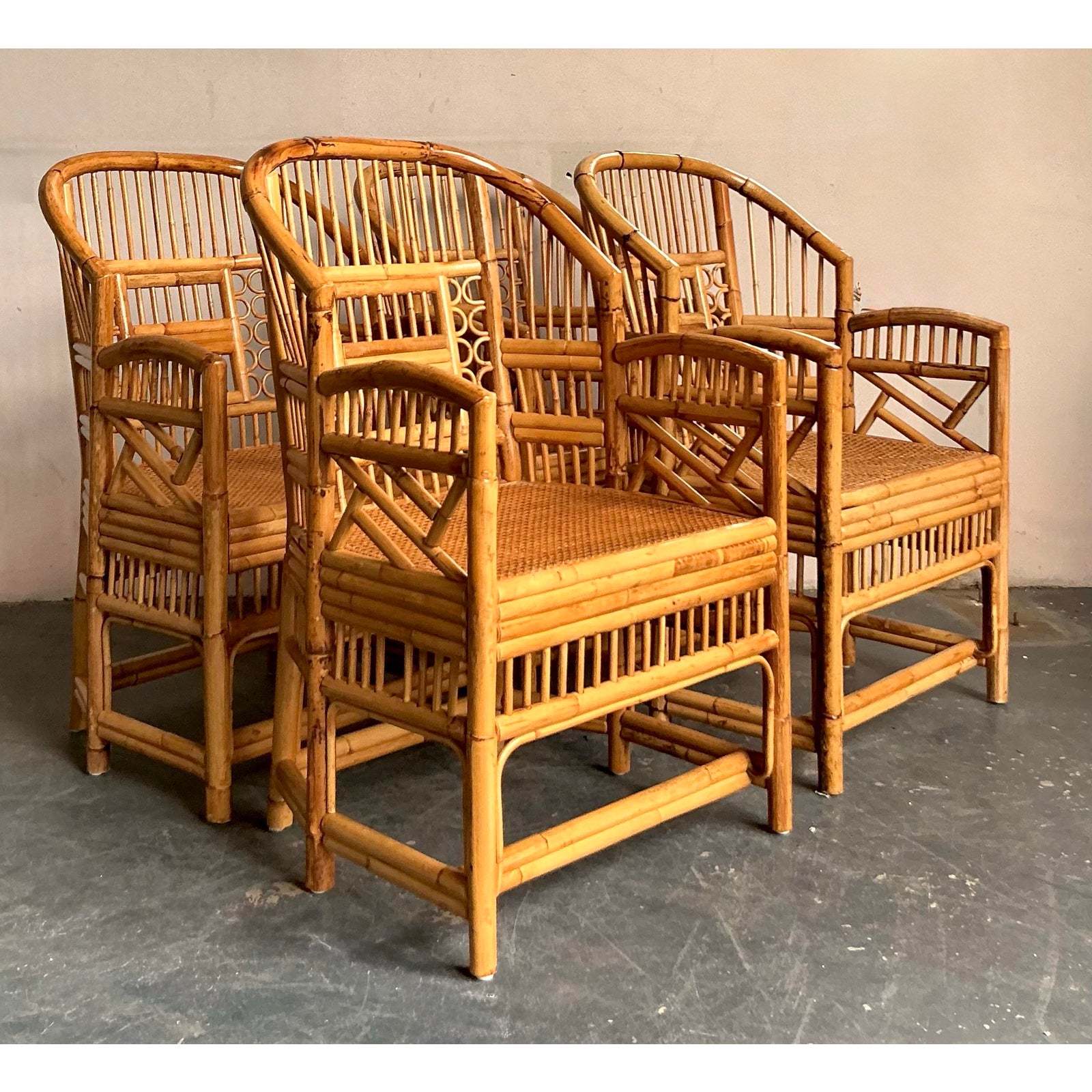 Vintage Boho Rattan Brighton Pavillion Dining Chairs - Set of 4 - Side view