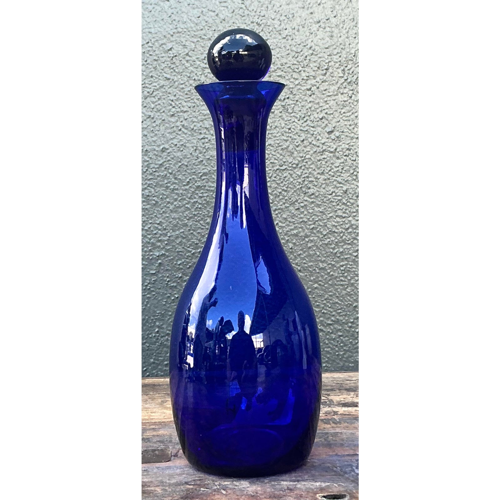 Vintage Boho Blue Art Glass Decanter - Top view